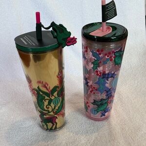 Starbucks tumblers with straws Christmas theme 1 with reindeer charm on straw